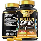 Tenmido Bee Pollen Capsules for Men and Women, 7-in-1 Formula with Propolis, Royal Jelly, Turmeric, Carob & More - Energy, Immune, Digestive Support - Rich in Nutrient, Vitamins - 150 Capsules