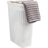 Mind Reader Slim Laundry Hamper with Lid, 40L Clothes Basket, Narrow Tapered Design with Ventilated Cutout Pattern, Plastic, White