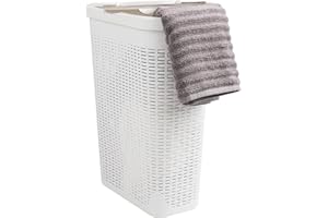 Mind Reader Slim Laundry Hamper with Lid, 40L Clothes Basket, Premium Wicker Design, Plastic, White