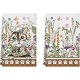 XCHI Cat Wildflowers Grass Spring Kitchen Towels Summer Dish Towels 18x26 Inch Home Kitchen Decorations Hand Towels Set of 2 Drying Dishcloth
