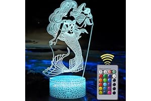 TEUVO 3D Mermaid Night Lights for Kids, Dimmable Night Lamp with Remote for Bedroom and Living Room, 16 Colors Changing, Birt