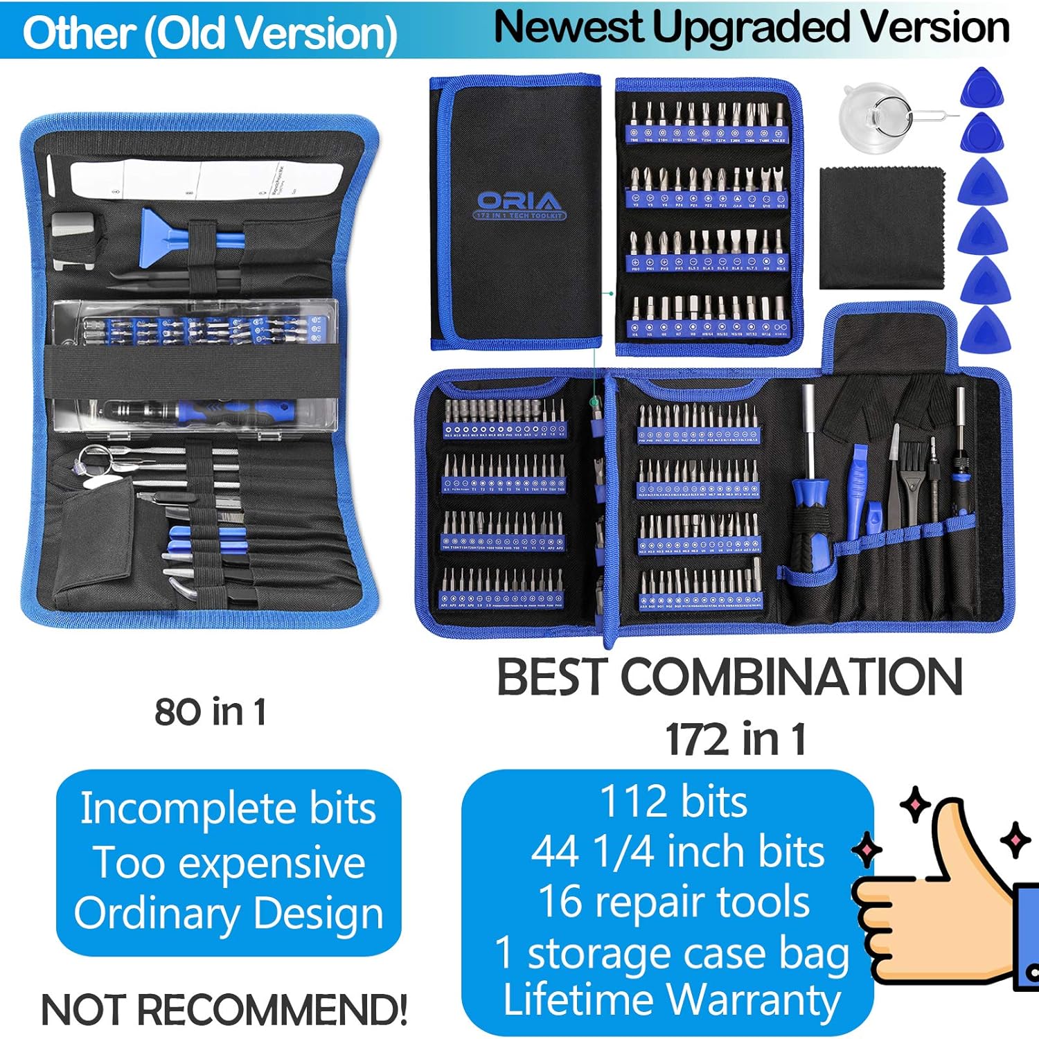 ORIA Precision Screwdriver Set (Newest) 172 in 1 with 112 bits and 44 1/4 Inch Bits Repair Tool Kit Magnetic Screwdriver Kit with Portable Bag for Electronics Computer PC iPhone Jewelers Game Console - - 