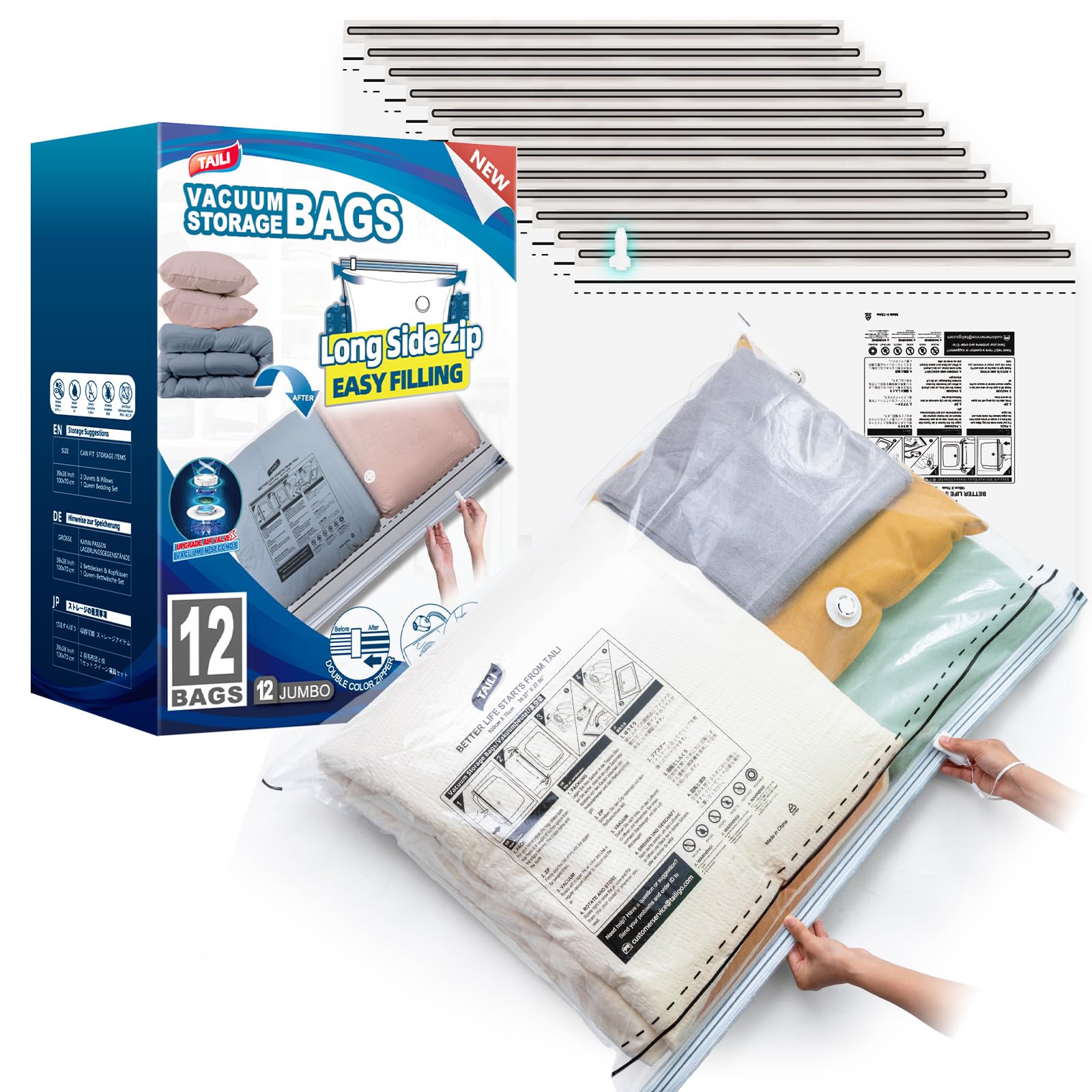 TAILI Vacuum Storage Bags With Long Side Zip 12 Pack 100 x 70 CM Extra Large Vacuum Bags for Clothes, Duvets, Bedding, Travel Reusable Compression Zipper Storage Space Saver