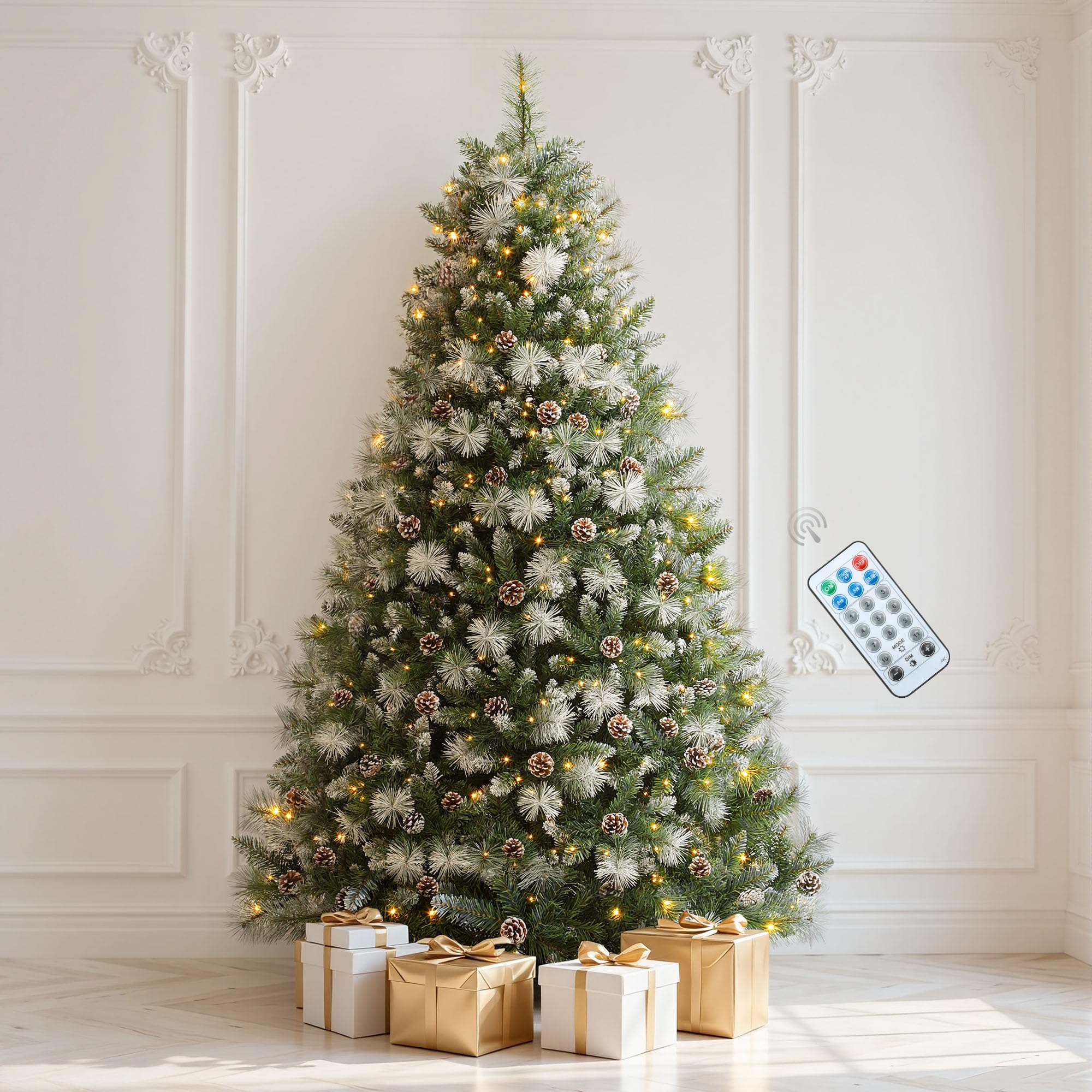 Photo 1 of ***FOR PARTS ONLY - NO RETURNS - SALE FINAL***DWVO Prelit Christmas Tree 6ft with 56 Pine Cones & White Pine Needle, Atificial Tree with 250 LED Lights, Full Green Xmaxs Trees with 946 Metal Hinged Branch Tips & Stand Remote Controlled