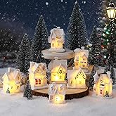 Vinsot 16 Pcs Resin Winter Miniature Village Sets Light up, Scene Town, 8 LED Houses Figurines, and 8 Pine Trees, Snow Table Decor for Winter Building Ornaments