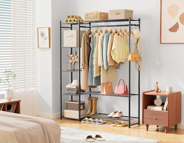 WARDROBE CLOSET,PORTABLE CLOTHES RACK WITH 4 TIERS SHELVES,FREESTANDING CLOSET ORGANIZERS AND STORAGE SYSTEM WITH HANGING RODS,STEEL CLOTHING RACK SUITABLE FOR CLOAKROOMS,BEDROOMS,ENTRANCES,ETC.BLACK