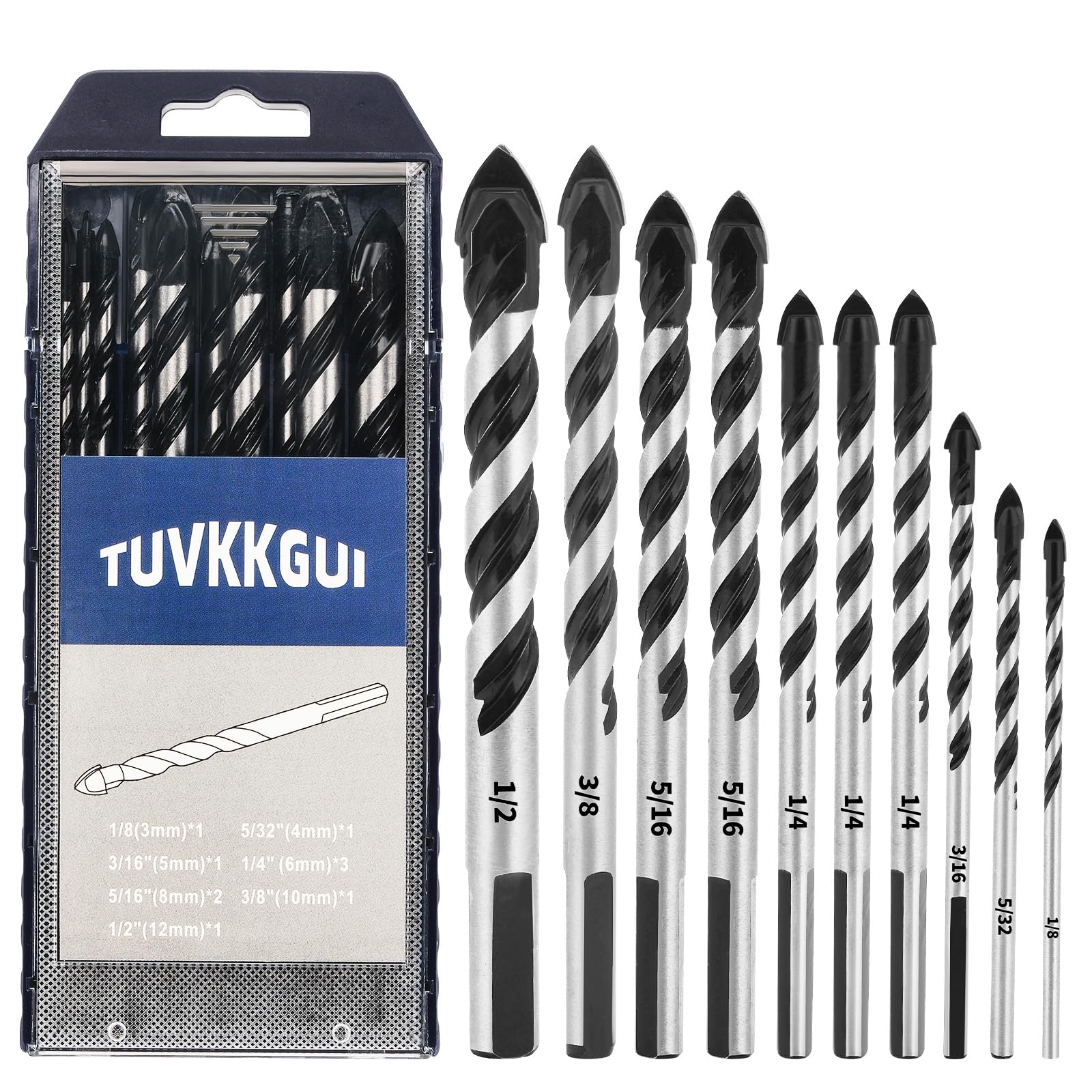 Photo 1 of 10PCS Masonry Drill Bit Set, Carbide Tip for Concrete/Brick/Tile/Glass/Wood/Etc, Industrial Strength, Includes Sizes: 1/8" - 1/2" by Tuvkkgui