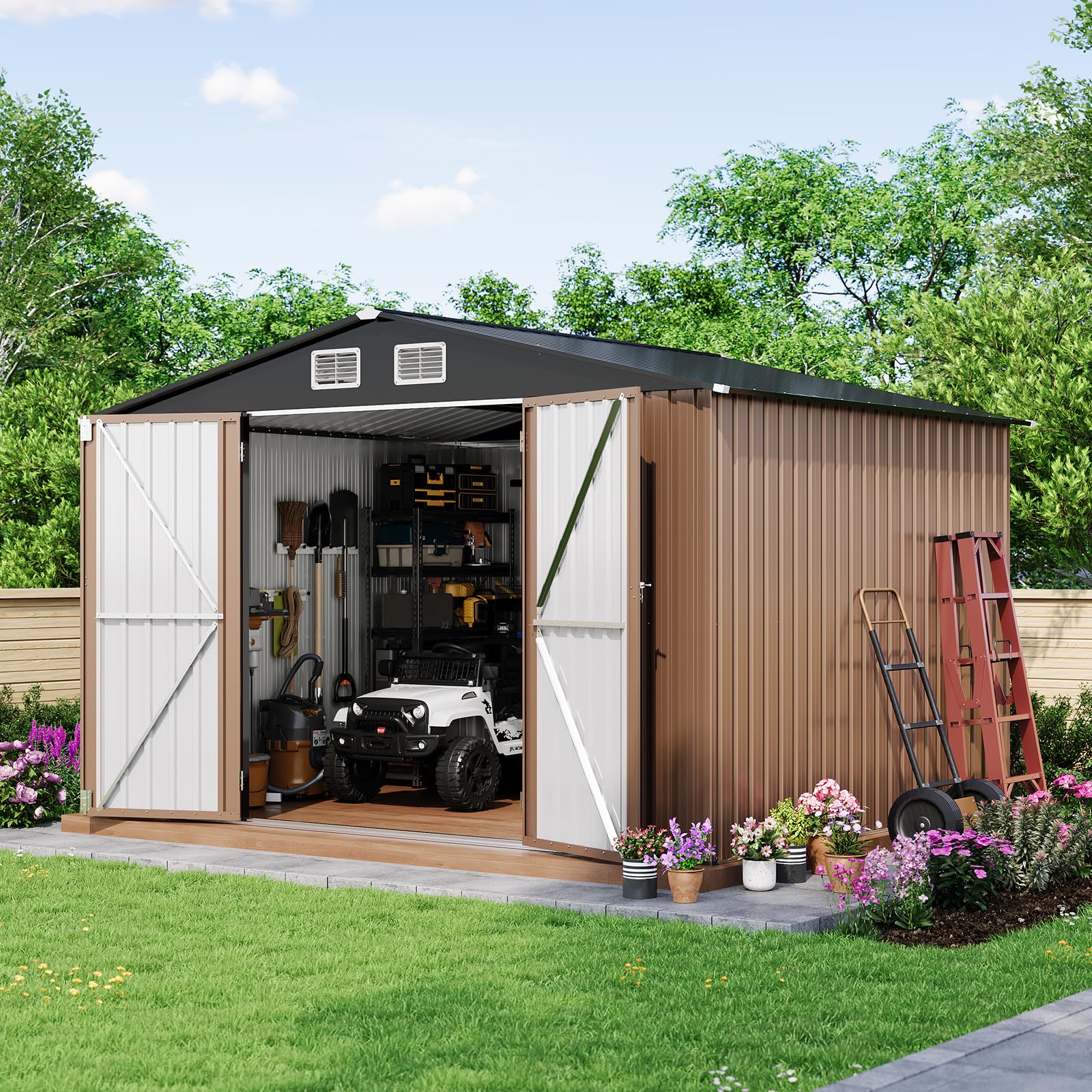 Photo 1 of ***FINAL SALE*** Garvee 10×8FT Outdoor Storage Shed, Metal Waterproof Garden Storage Shed Galvanized Steel Utility Tool Shed with Lockable Doors & Vents, All-Weather Shelter for Bike/Kids Car/Mowers/Tool, etc. Brown