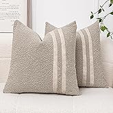 Vfuty 18x18 Textured Throw Pillow Covers Set of 2 Boucle Accent Pillow Cases with Faux Leather Striped Square Cushion Cover for Bed Couch Sofa Living Room Home Decor,Oatmeal