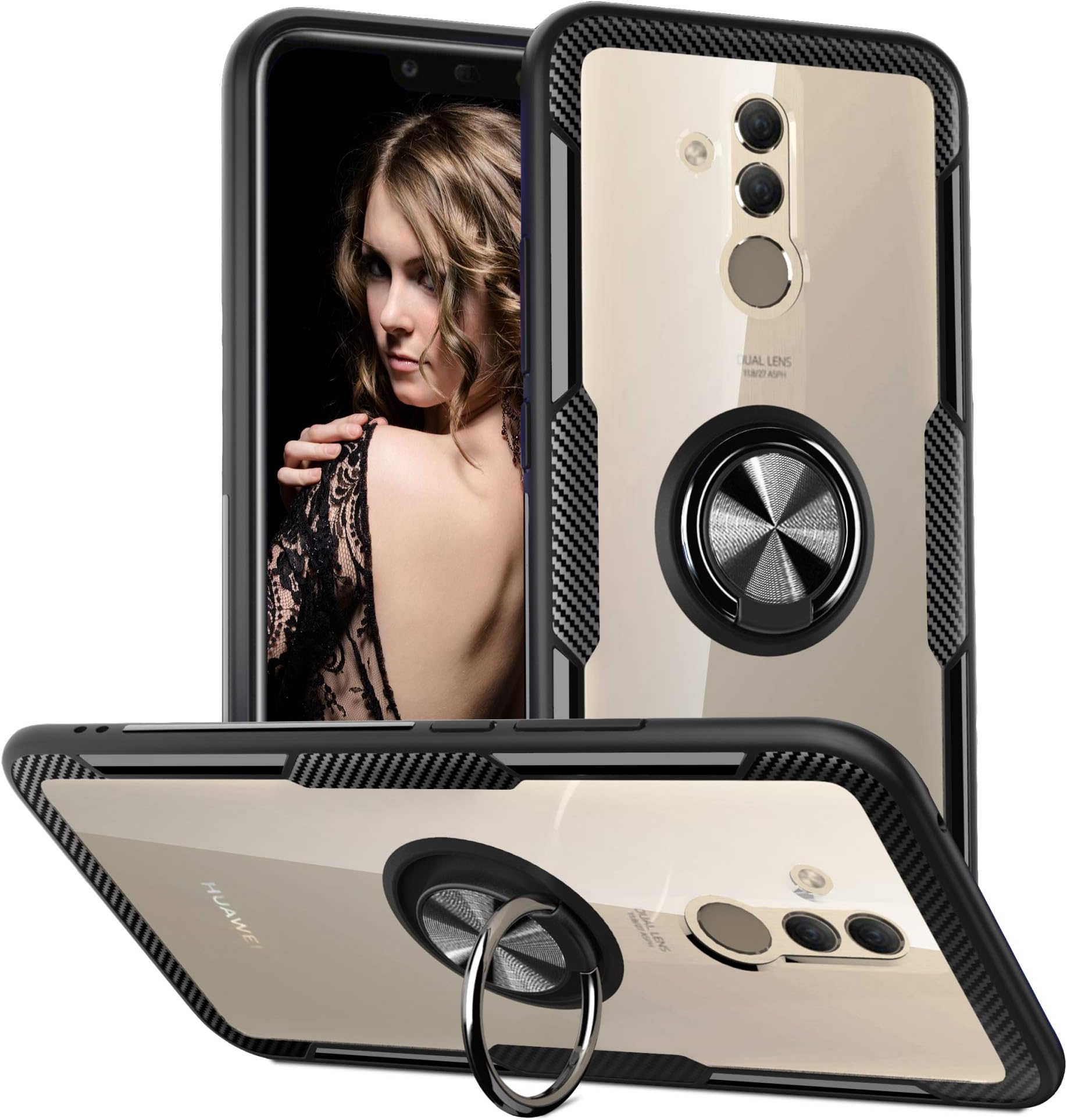 For Huawei Mate 20 Lite Clear Ring Armor Case, One-Piece Shockproof Cover Hybrid Defender Combined with High-Density TPU Rim, Hard Crystal PC Panel and Built-in Ring Holder (Mate 20 Lite, Black)