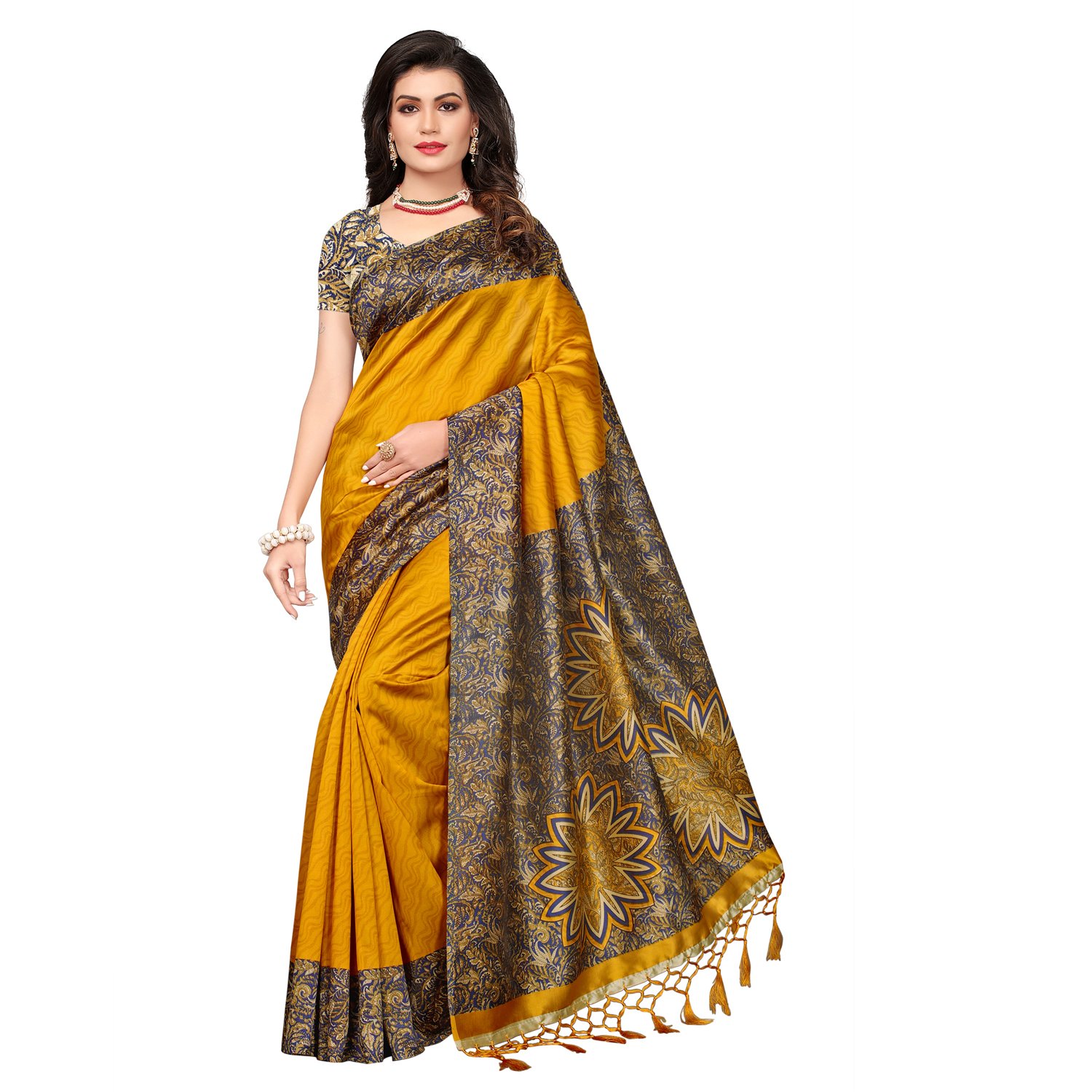 mrinalika fashion women's art silk saree with blouse piece (srja007_yellow)