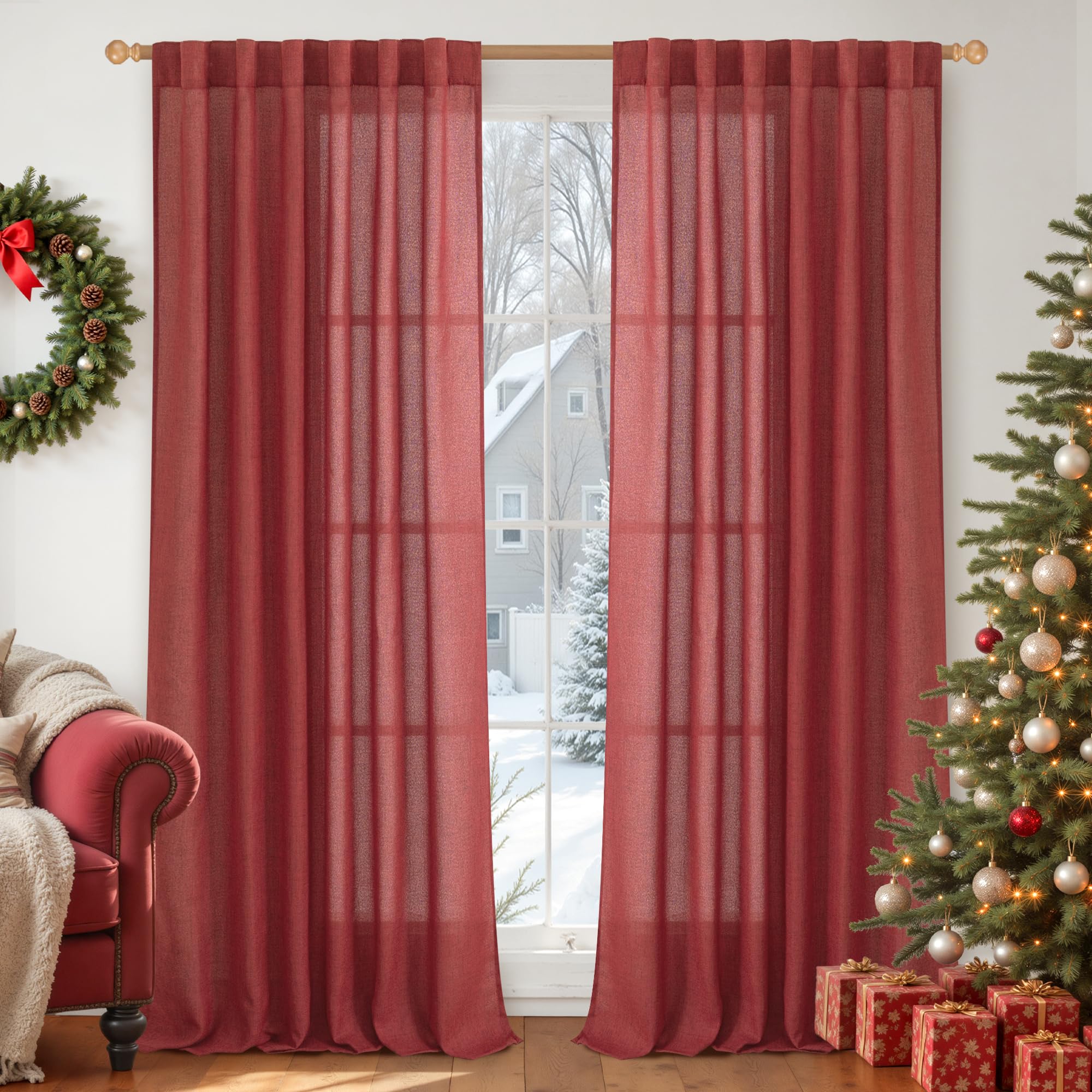 YoungsTex Burgundy Red Linen Curtains 84 Inch Length for Living Room Deocr, Light Filtering Semi Sheer Drapes with Rod Pocket Back Tab for Bedroom Dining, 2 Panels, 52 X 84 Inch Image