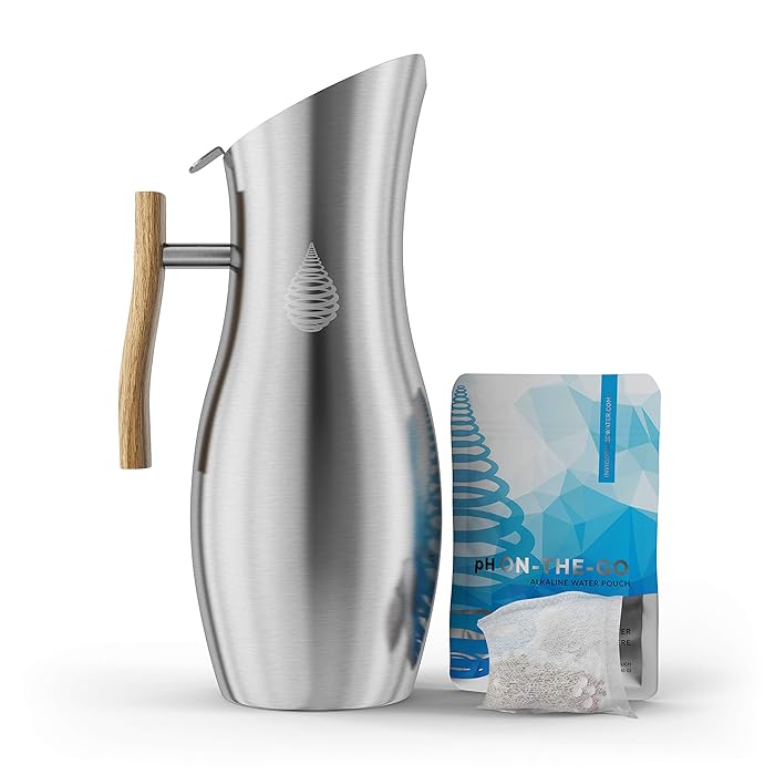 pH VITALITY Stainless Steel Alkaline Water Pitcher - Alkaline Water Filter Pitcher by Invigorated Water - High pH Ionized Filtered Water Purifier - Includes Long Life Filter, NEW 2019 Model, 64oz,1.9L