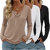 Velvelhall 3 Pack Women's Long Sleeve Henley Shirts Button U Neck Tops Casual Layering Tee Blouse 2025 Fall Trendy T-Shirts