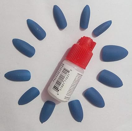 TC 12 Pcs Artificial Blue Matte Plain Nails (Reusable) With Professional Nail Glue Reusable