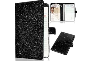 KOLODOGO Server Book for Waitress,Leather Waiter Book Organizer with Zipper Pocket, Bling Waitress Money Wallet and Pen Holder, Restaurant Waitstaff Organizer, Glitter Black