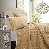 HiEnd Accents Velvet Diamond 3 Piece Quilt Set with Pillow Shams, King Size, Gold Solid Color, Classic Traditional Luxury Bedding Set, Soft Lightweight Bed Cover, 1 Quilt and 2 Pillowcases