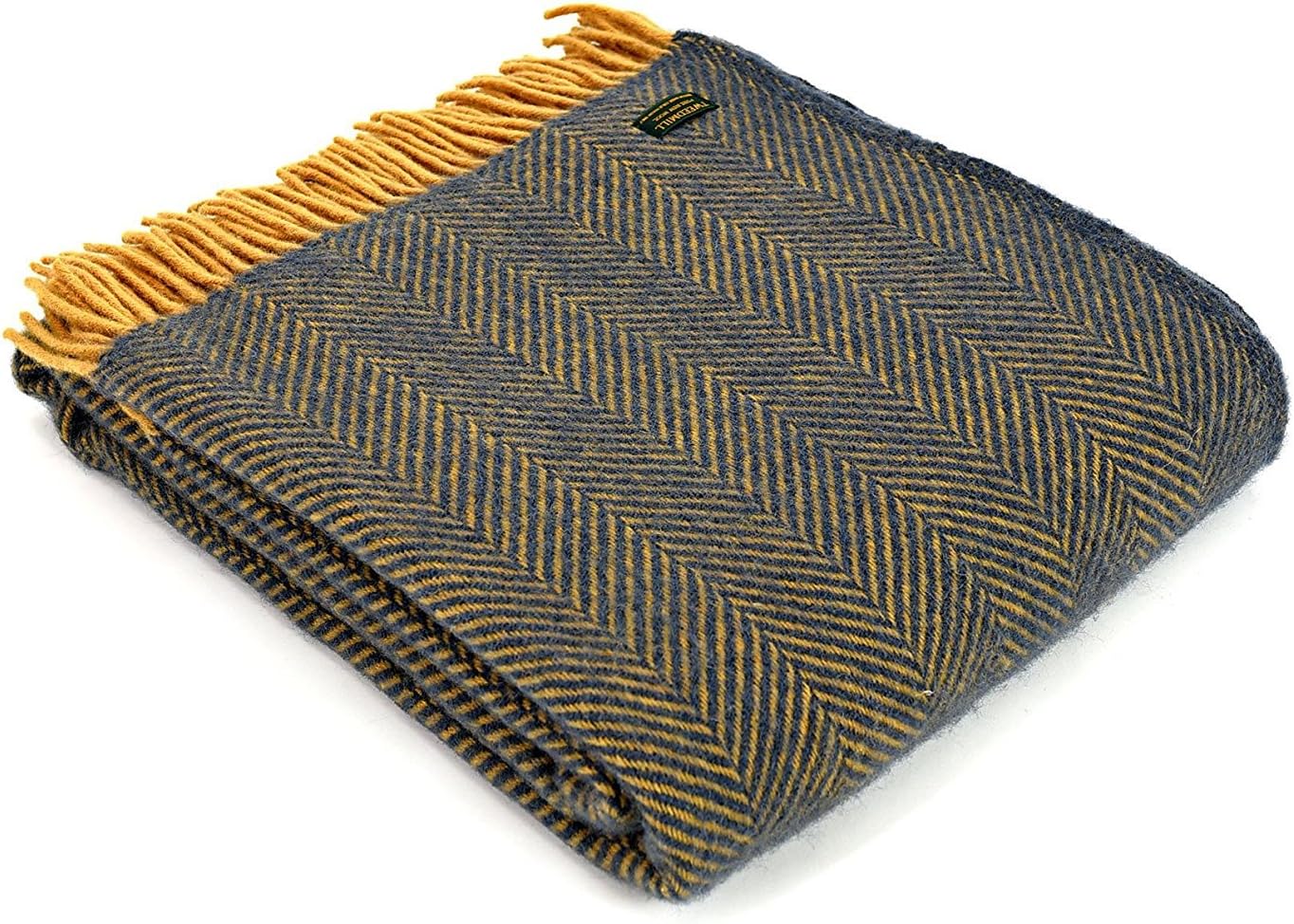 Herringbone pure new wool blanket throw rug Navy/Mustard BRITISH MADE