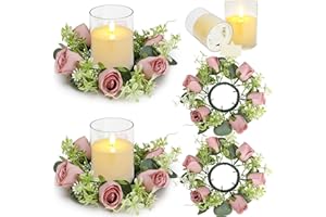 YMDOBIGER Pink Rose Candle Rings - 3 Inch Center Rings Wreaths with LED Candles for Centerpieces Table Cabinets Front Doors Wedding Home Party Decorations - Dusty Pink, 2 Sets