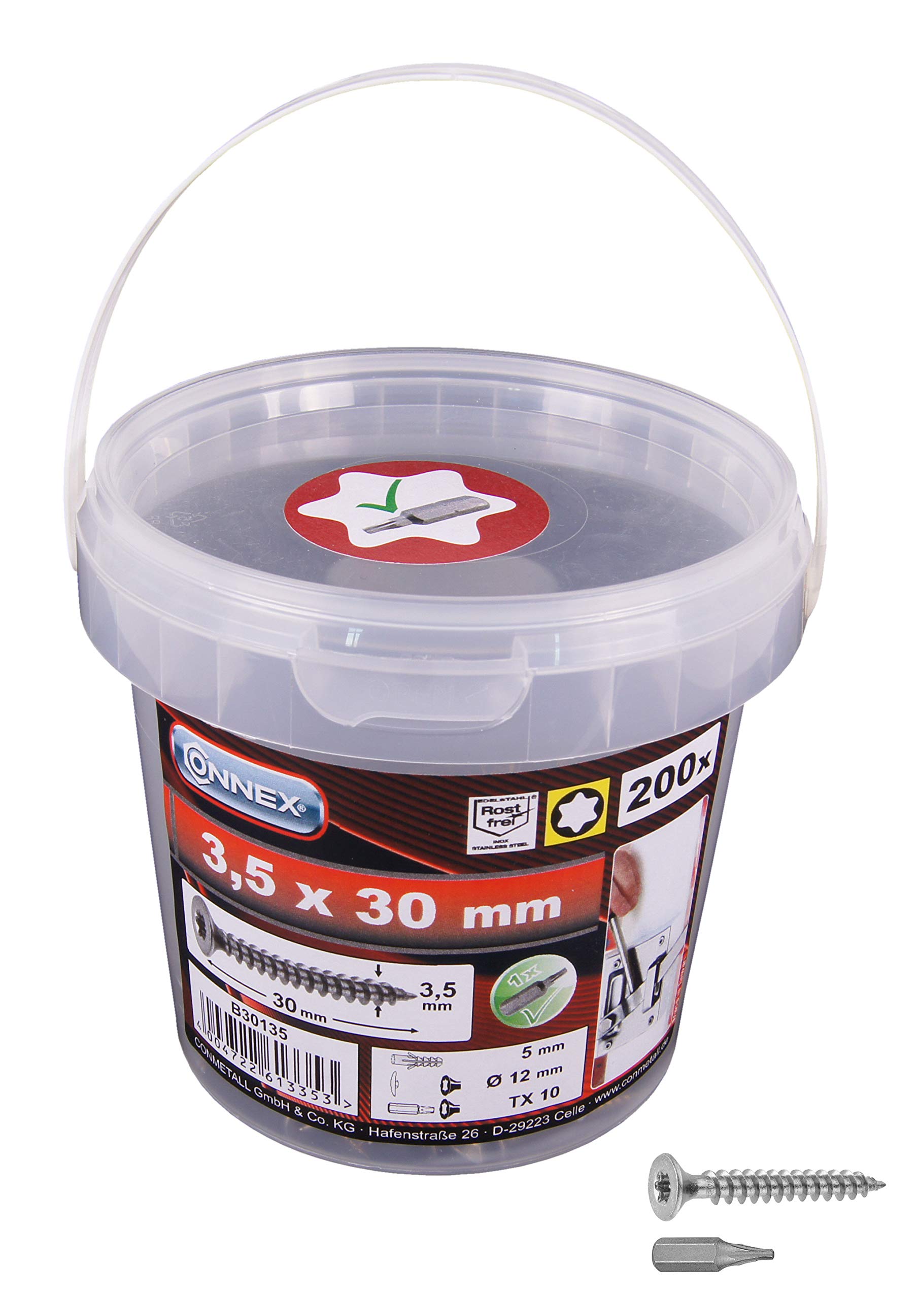 CONNEX B30135 Uni-Screws TX A2 Bucket 3,5x30, Multicolored, 3,5 x 30 mm (200 Stück) — image 1
