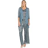 3-Piece Crinkle Pantsuit Set W/Draped Chiffon Jacket, Sleeveless Top & Detachable Necklace