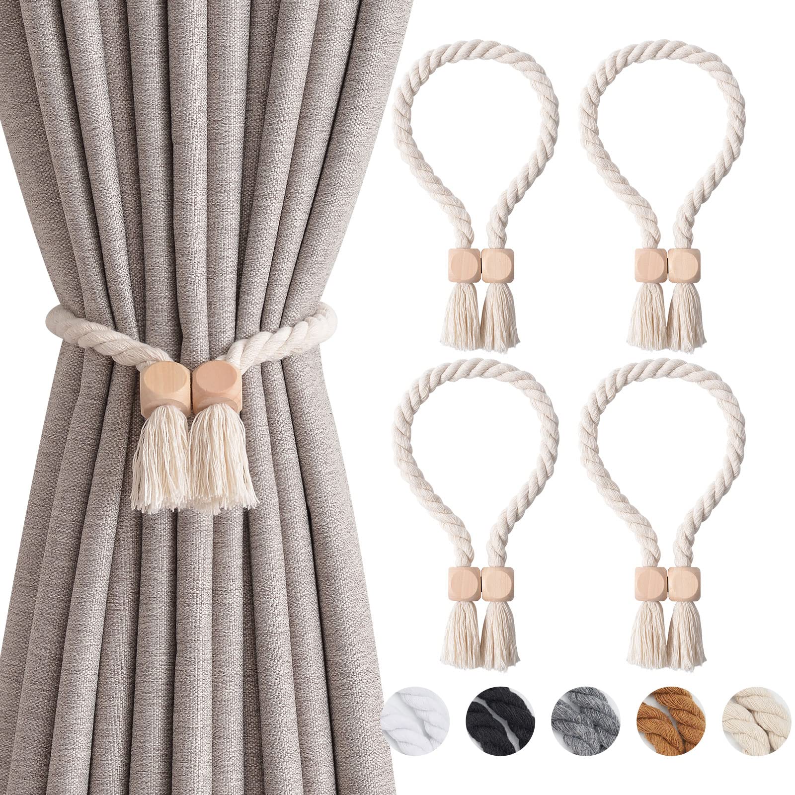 Pretty Jolly 4 Pack Wooden Cube Magnetic Curtain Tiebacks Boho Home Decor Drape Tie Backs Natural Cotton Hand Woven Rope Curtain Holdbacks for Thin & Thick Home & Office Window Draperies (Beige)