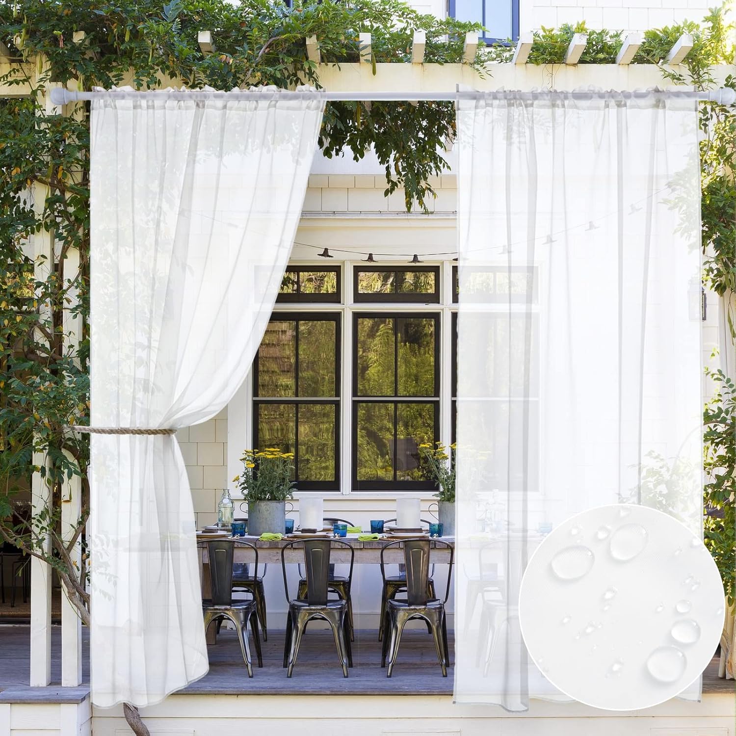 Outdoor Curtains - MIULEE Outdoor Sheer Curtain for Patio Waterproof - 2 Panels White Privacy Drape Voile Curtain Rod Pocket for Porch,Pergola, Cabana, Gazebo, 54 X 96 Inch Long
