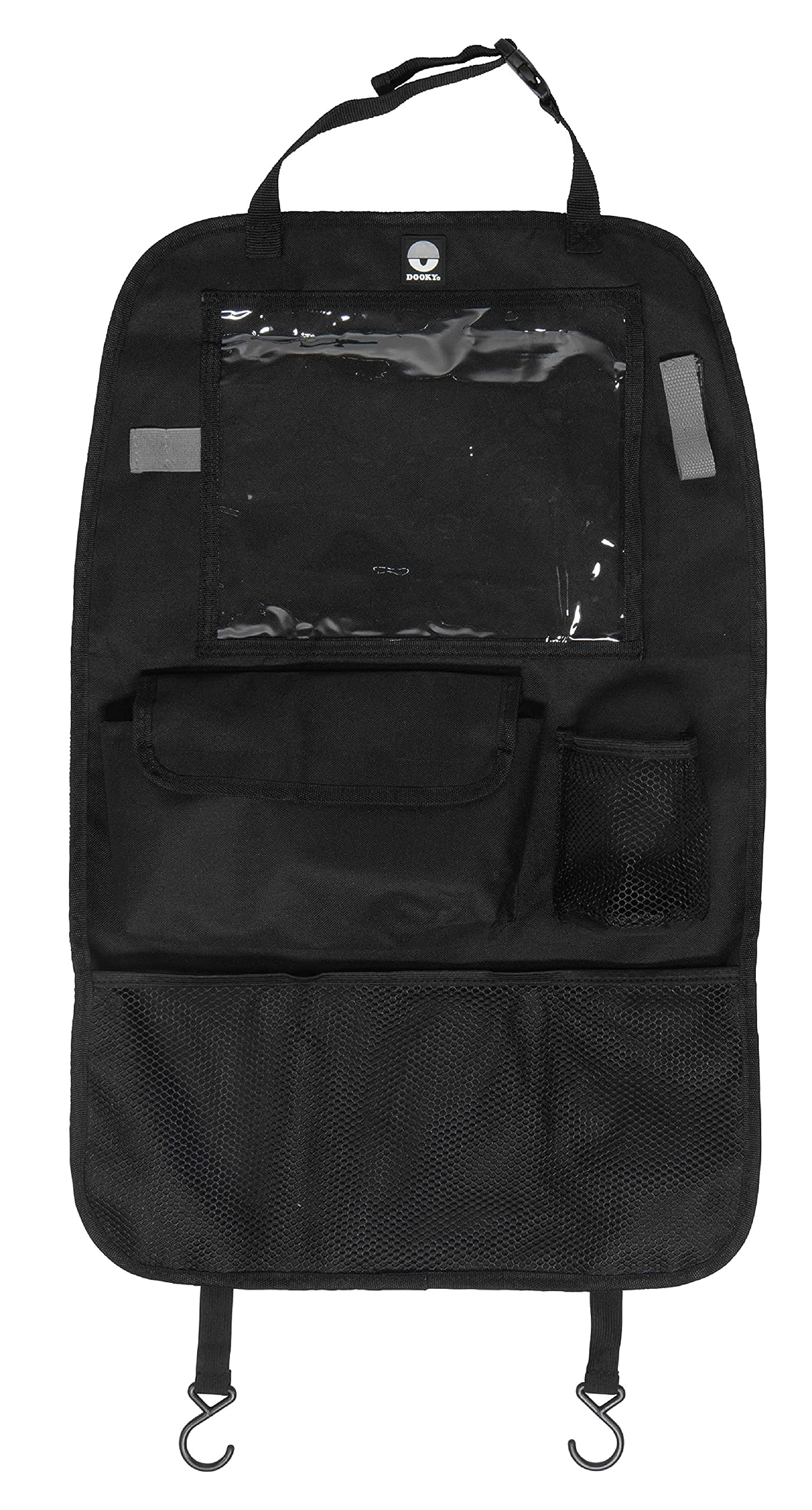Dooky Car Back Seat Organiser for Essentials and Accessories, Multiple Pockets including Clear Tablet Holder (26 x 20 cm) for Hands-Free Viewing, Adjustable Strap, Sturdy Material, Black, 63 x 40 cm