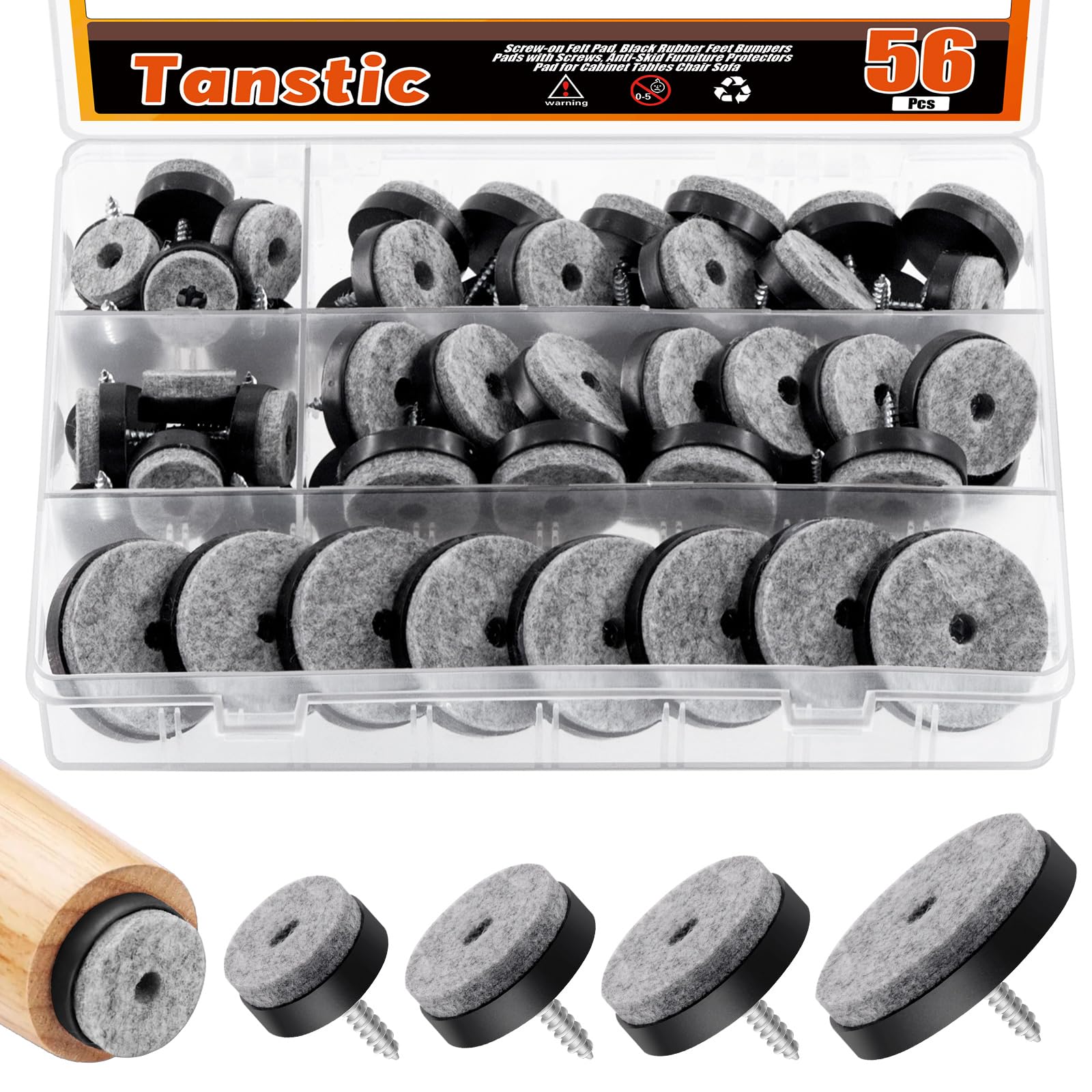 Tanstic 56Pcs Screw On Felt Pads Felt Furniture Pads Non Slip Felt Pads Chair Leg Floor Protectors Felt Pads Felt Chair Pads with Screws for Chair Table Sofa(Black)