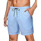 Gleeease Mens Swim Trunks Men's Swimwear 7 inch with Mesh Liner Pockets Drawstring Quick Dry Stretch Lined Funny Beach Swimming Blue Striped Medium