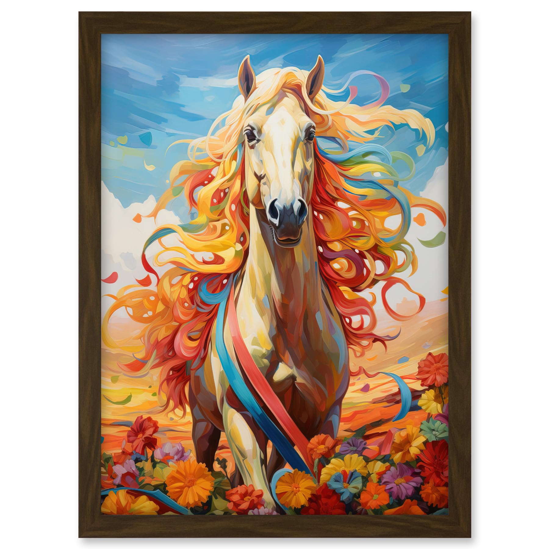 Artery8 Girls Bedroom Nursery Artwork Fantasy Horse Colourful Mane Bright Bold Fun Happy Artwork Framed A3 Wall Art Print