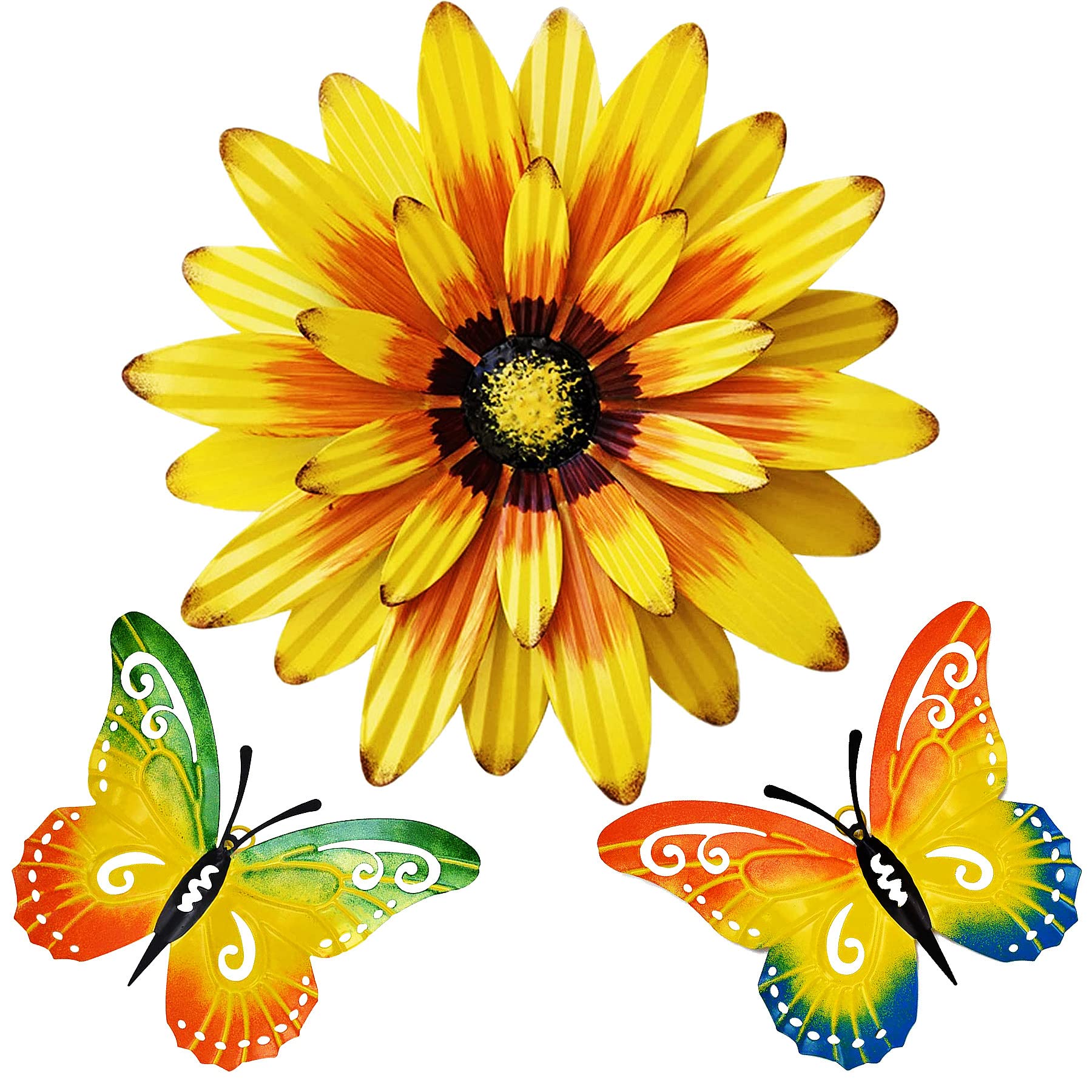 Photo 1 of Meduofon Metal Flowers Wall Decor and Butterfly Wall Art, 3 Pack Metal Outdoor Wall Art Decor, Fence Art Wall Sculptures for Indoor Outside Garden Patio Decorations (Yellow&Green)