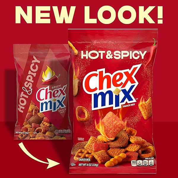 CHEX MIX HOT AND SPICY SNACK MIX, SAVORY SNACK BAG, 8 OZ