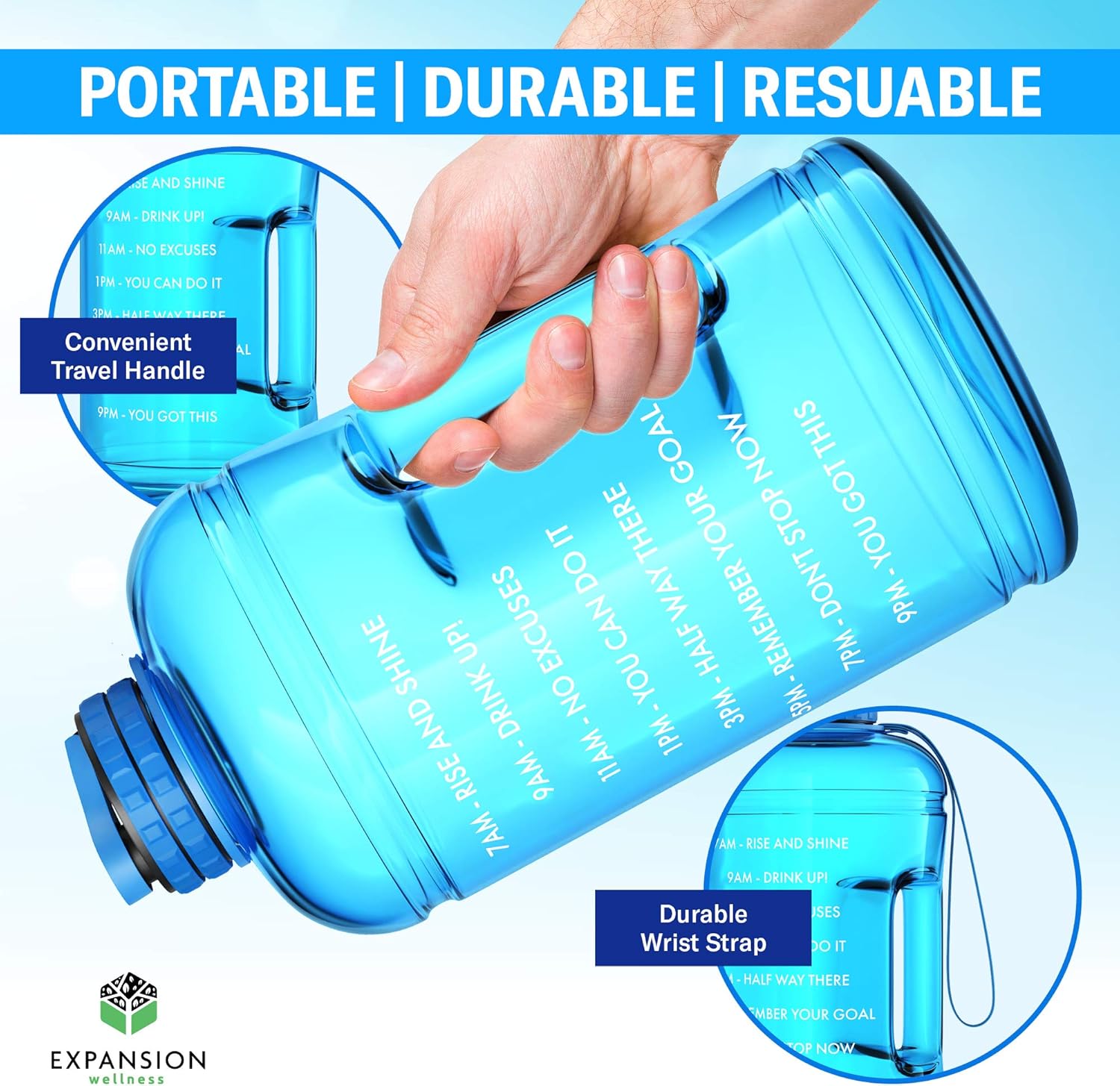 Motivational Water Bottle with Time Marker & Hourly Hydration Measurements – BPA Free & Non Toxic Large Sports Fitness Bottle Jug with Wide Mouth – Ensure You Drink Enough Water (Blue): Sports & Outdoors