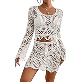Bsubseach Crochet Coverups for Women Two Piece Swimsuit Cover Up Hollow Out Knit Skirt Set Beachwear with Drawstring White XL