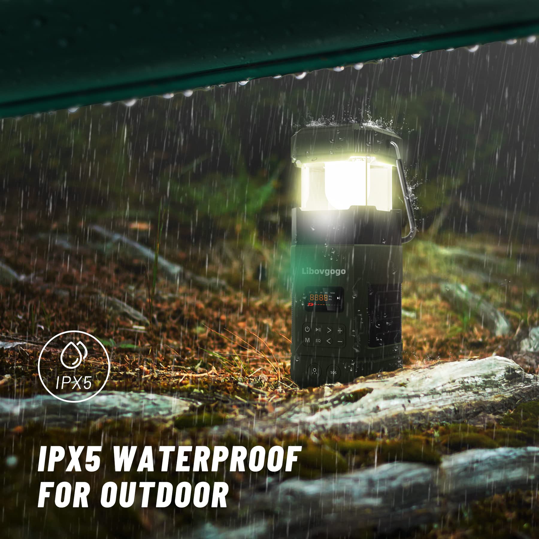 Wiederaufladbare LED Campinglampe, 3 Lichtmodi, IP65 wasserdichter Bluetooth Lautsprecher, 5000mah AM UKW Kurbelradio mit Handyladefunktion Solar, Taschenlampe, Stroboskoplicht, SOS Alarm 6