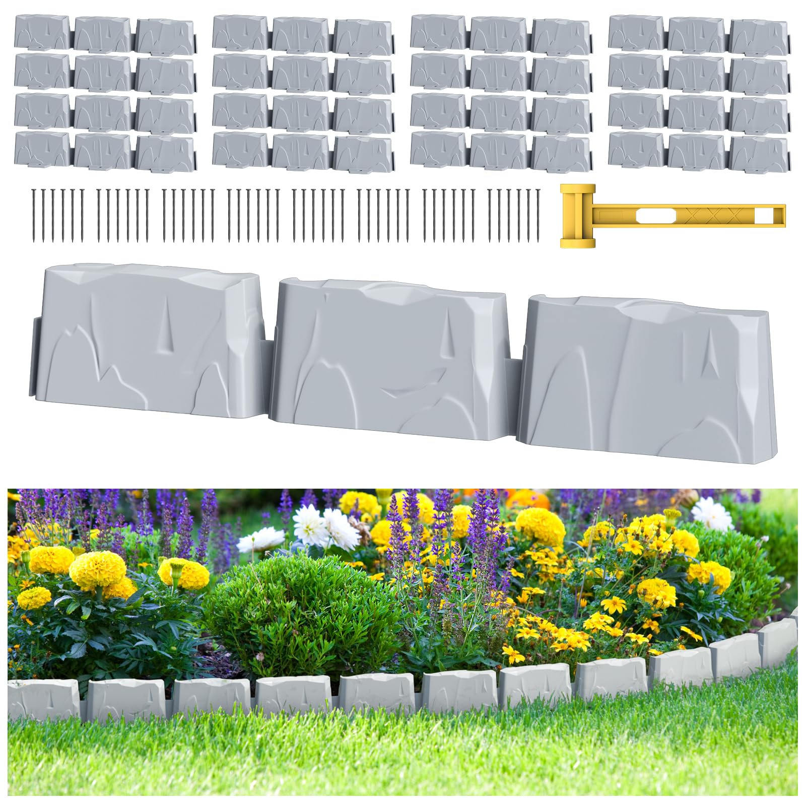 Photo 1 of 16 Pack(24FT) Landscape Edging, 48 Spikes, Flexible Plastic Border for Outdoor, Walkway, Lawn & Weed Control | 24ft L x 3in H Faux Stone Edging for Landscaping,Garden Edging Border Stone(Gray) ??