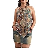 BEAUDRM Women's Plus Size Paisley Halter Top Boho Tie Back Asymmetrical Summer Tops