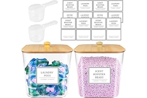 HomePekite 2 Pack Laundry Pods Container,Laundry Room Organization and Storage Containers with Wooden Lids & Labels Large Laundry Detergent Container for Powder,Scent Booster,Pods,Dryer Ball