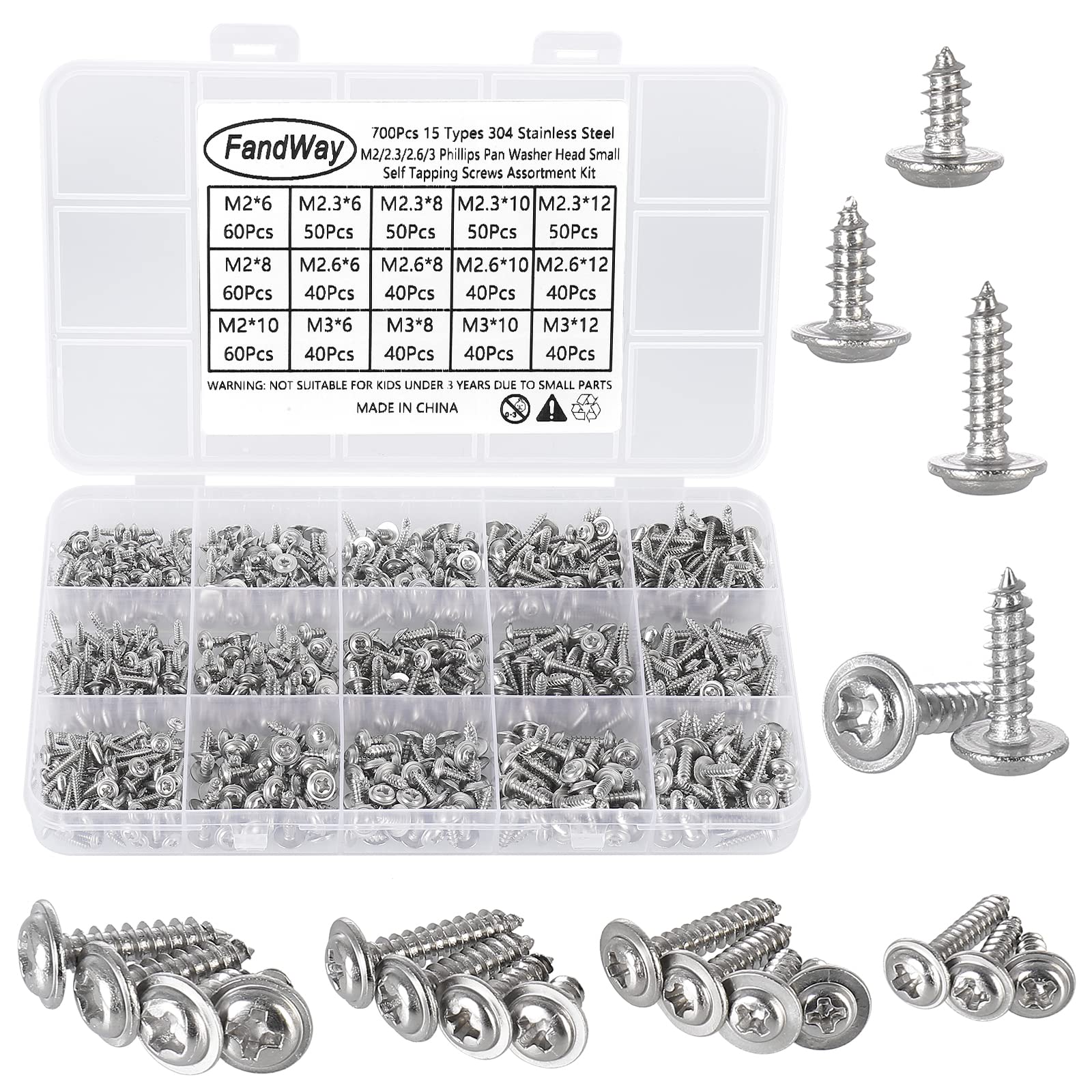 700Pcs Self Tapping Screws 304 Stainless Steel,M2 M2.3 M2.6 M3 Small Wood Screws Kit,Pan Head Self Drilling Screw,Washer Head Sheet Metal Screw Phillips Drive for DIY Woodwork Repairs. — image 1