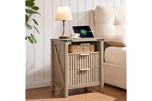 BuildHom Modern Nightstand with Charging Station - Sunwashed Ash Oak End Table with 2 Drawers & Open Shelf, Fluted Wood Desig