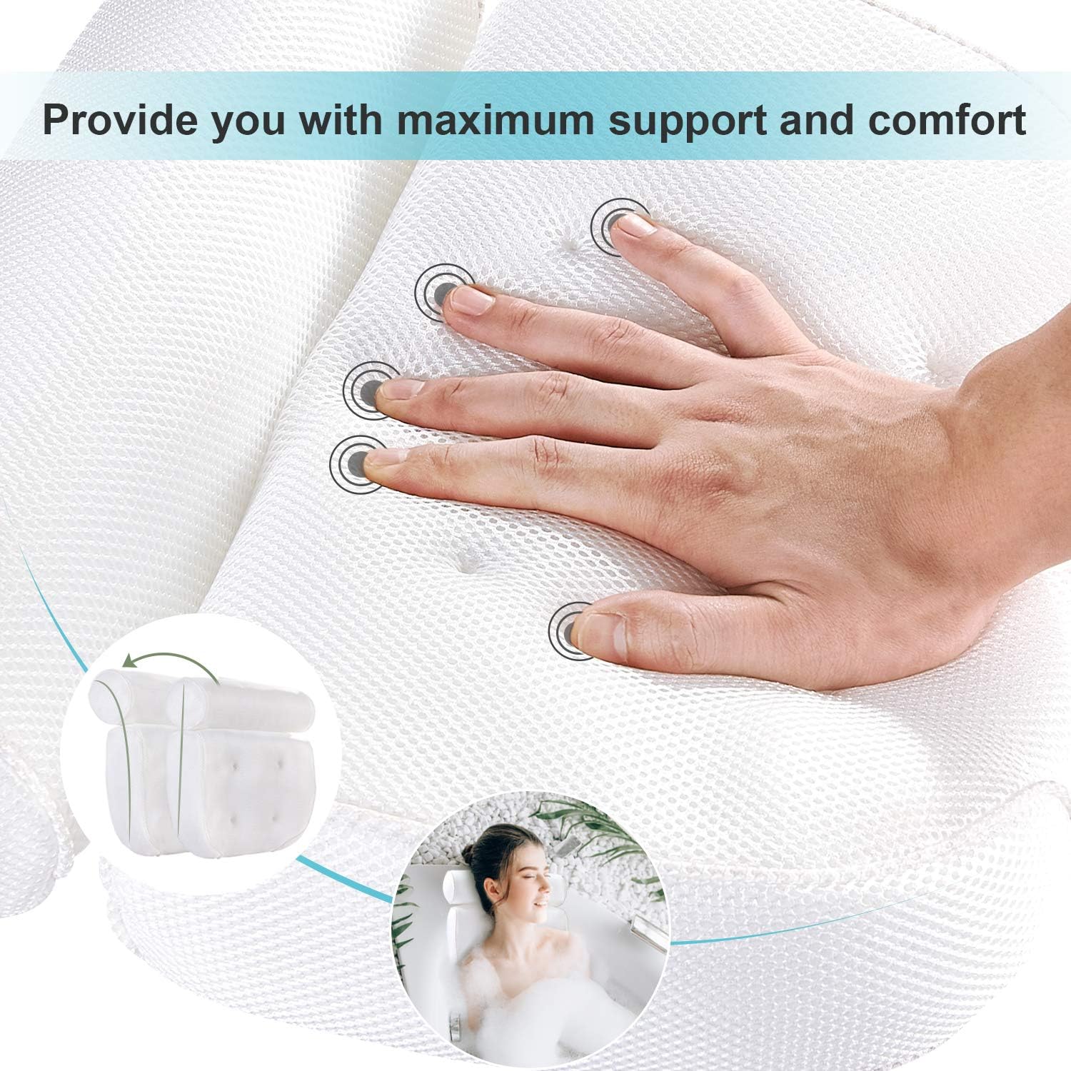 Bath Pillow Bathtub Pillow - Bath Pillows for Tub with Neck, Head, Shoulder and Back Support - 3D Air Mesh Spa Bath Pillow, Non-Slip, Extra Thick, Soft and Quick Dry Spa Pillow for Bathtub: Health & Personal Care