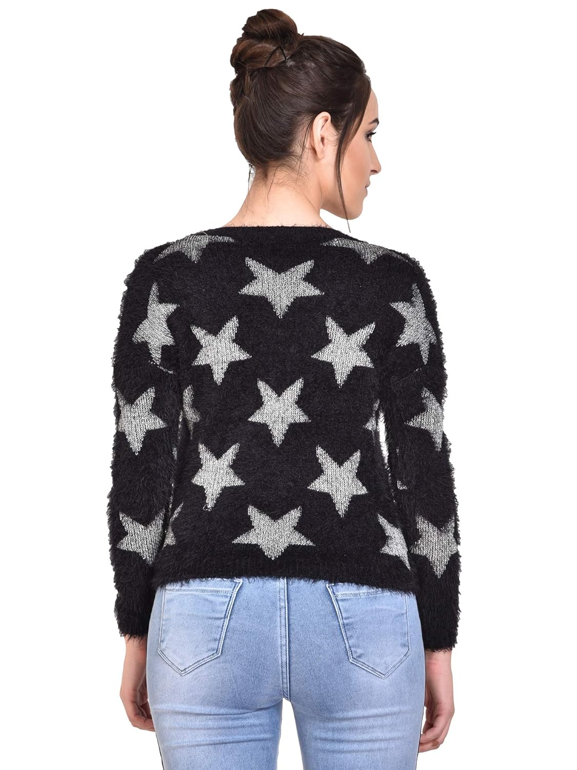 mansicollections fuzzy silver star black full sleeves sweater for women