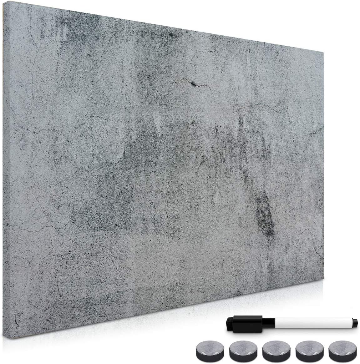 Navaris Magnetic Memo Board Whiteboard - 90 x 60 cm Dry Erase White Board with Design for Wall - Includes Marker and Magnets - Concrete