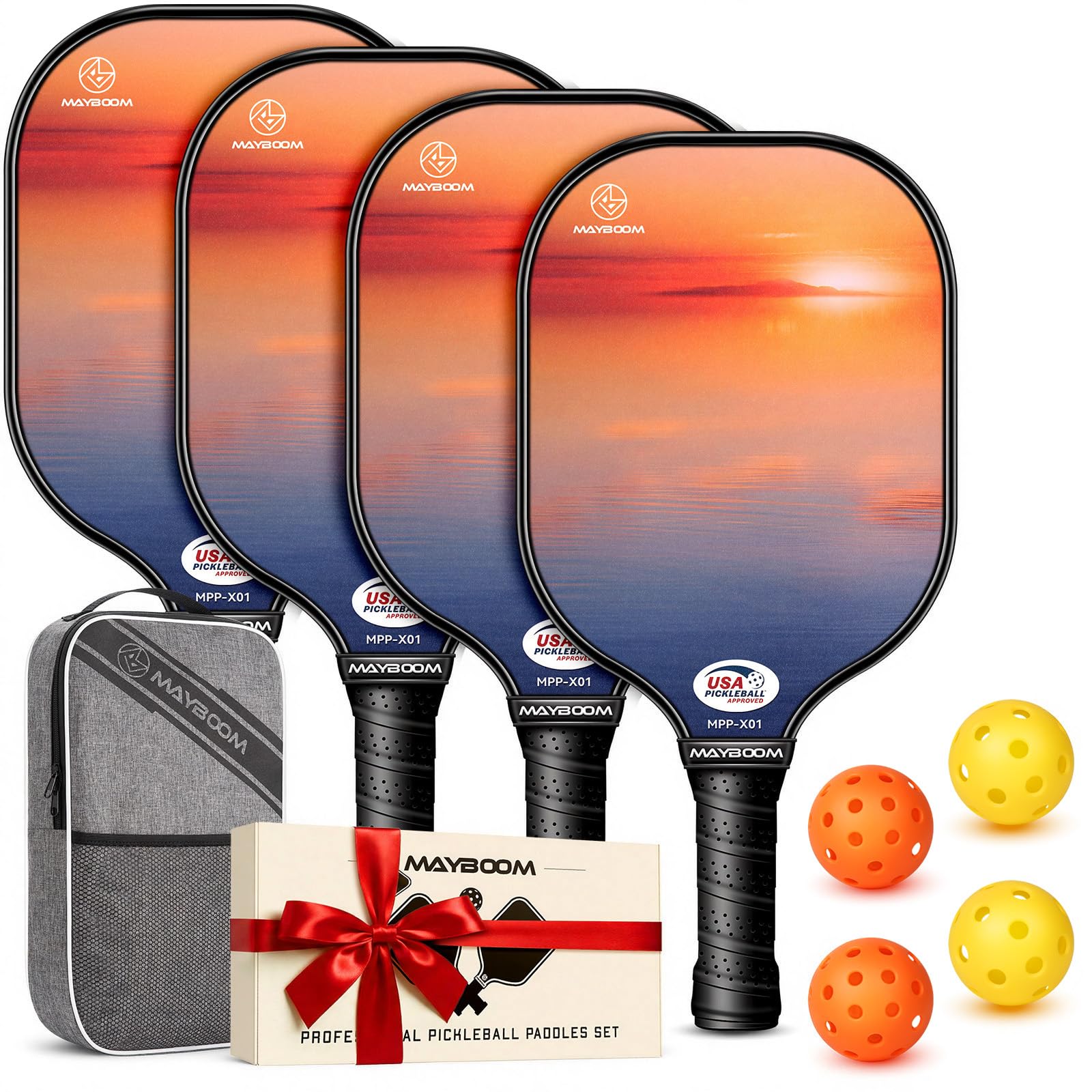 Mayboom Pickleball Paddles, USAPA Approved Fiberglass Pickleball Set, Lightweight Pickleball Rackets of Anti-Slip Sweat-Absorbing Grip, with 4 Pickleballs, Portable Carry Bag (Sunset 4) Image