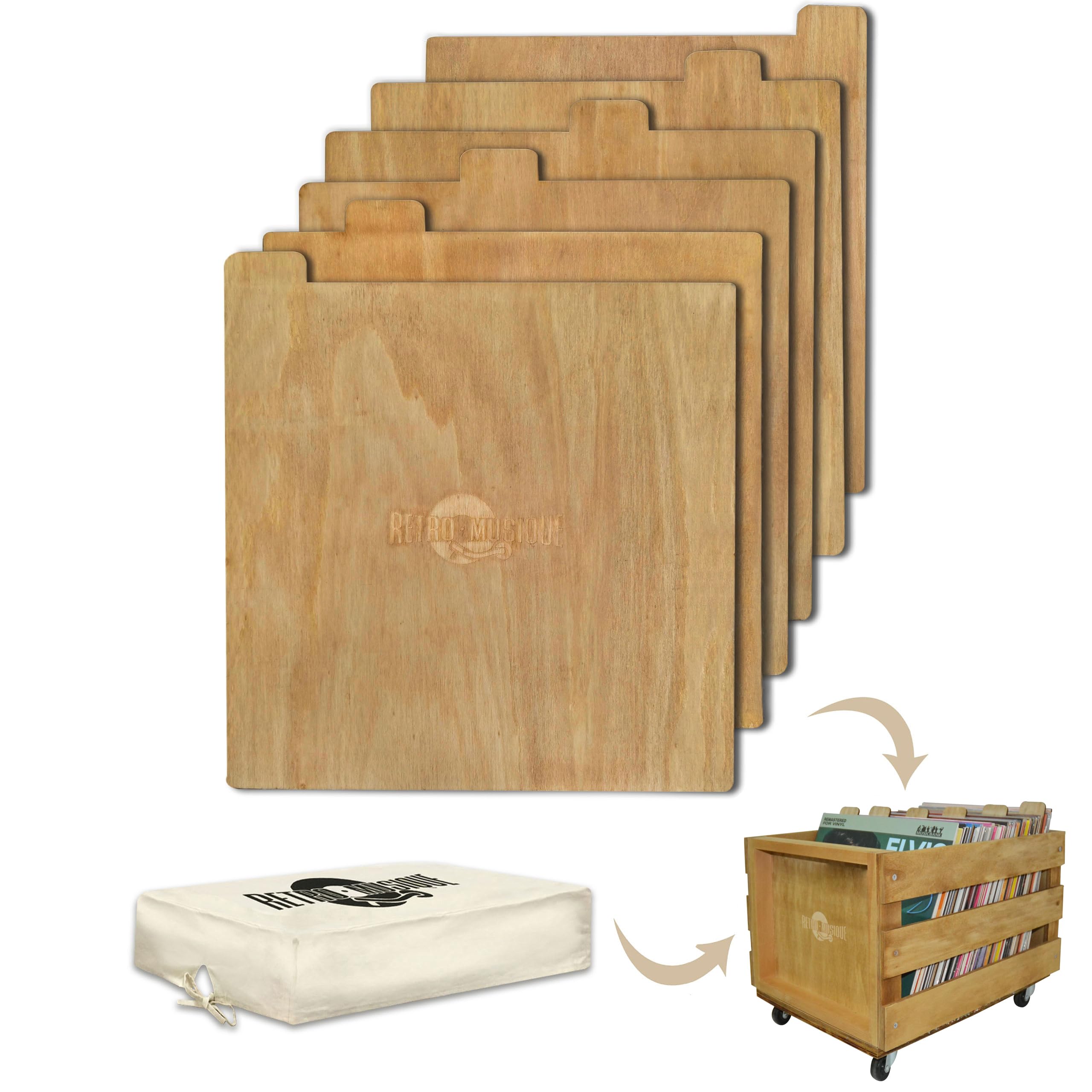 Retro musique Laser Etched Wooden Record Dividers to Organize 12" Vinyl LPs, Set of 6, With Hessian Cloth Cover (Teak Finish)