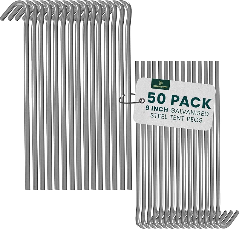 Green Haven 50 Pack 9in Galvanized Steel Tent Pegs Heavy Duty Ground Stakes