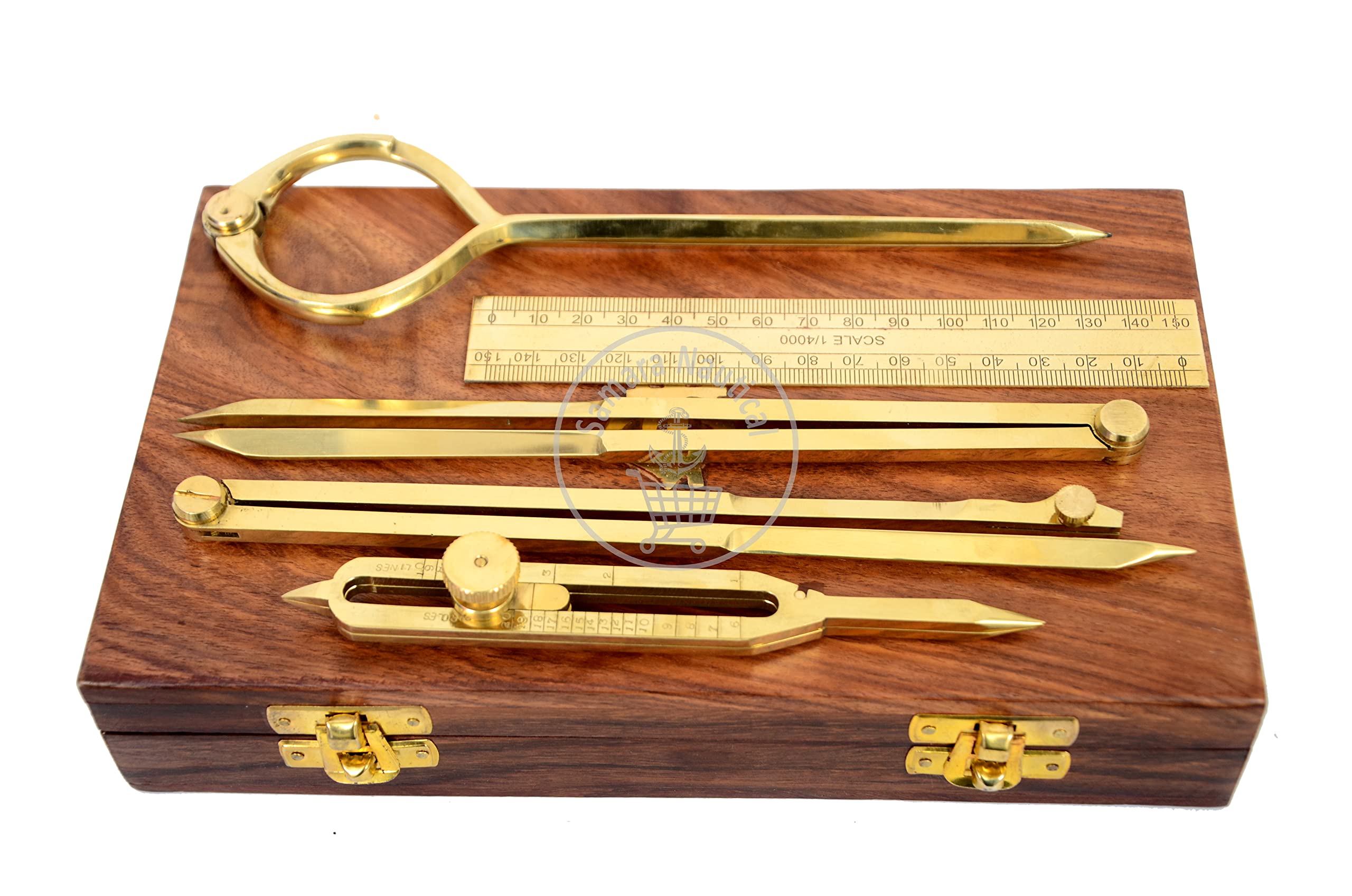Solid Brass Proportional Divider Set of 5, Full Brass dividers with Executive Wooden Box, Single Handed 8" Brass Navigational Dividers Compass Set for Maritime, Naval, Geometry and Drafting