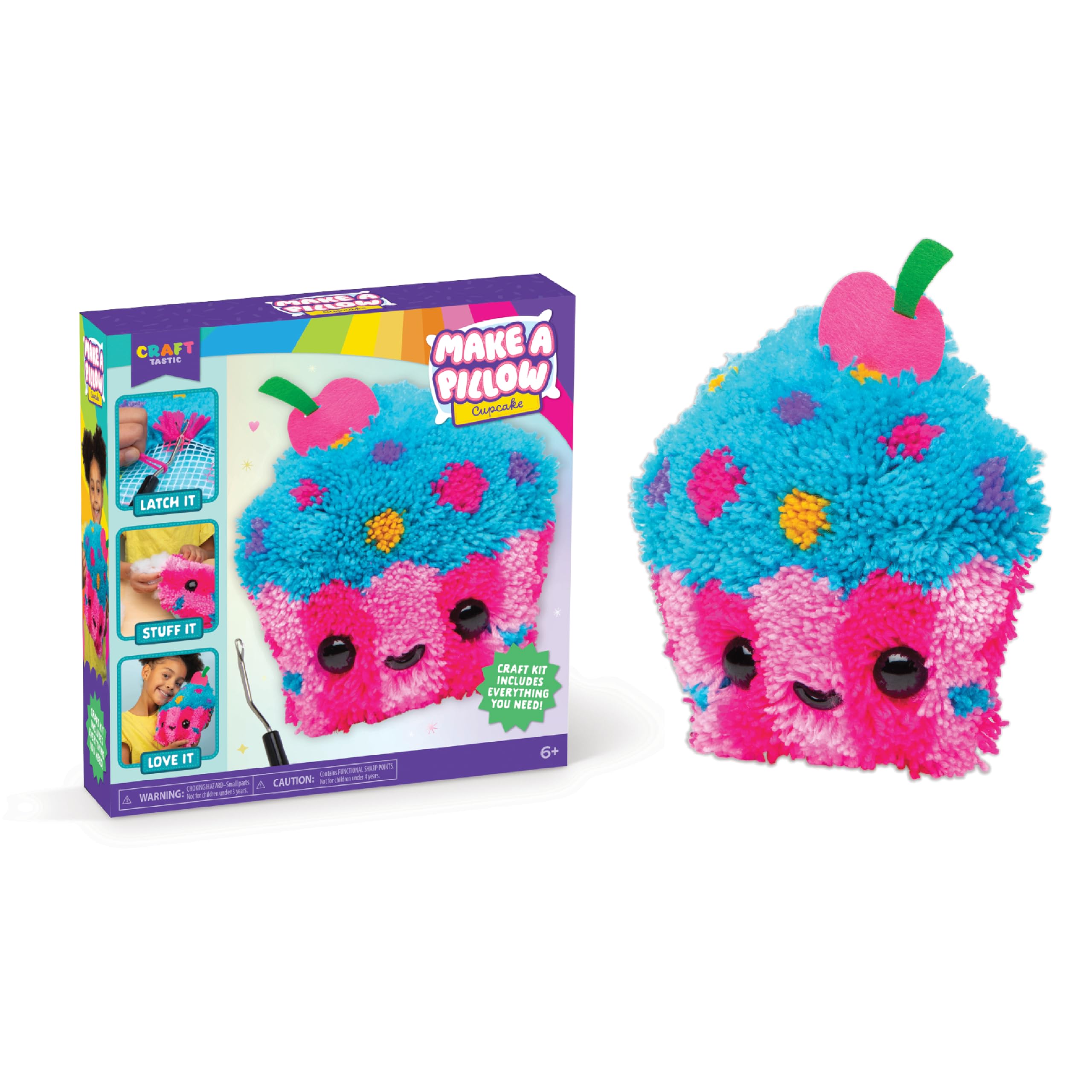 LatchKits Cupcake Pillow – Latch Hook Kits for Kids, Arts and Crafts, Yarn Art, Kids Crafts, Toys for Girls, Birthday Gift for Girls, Easy to Follow Pattern, Hook Included, Craft Kits, Ages 6+
