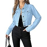 Grabsa Women's Button Down Long Sleeve Cropped Denim Jean Jacket with Pockets